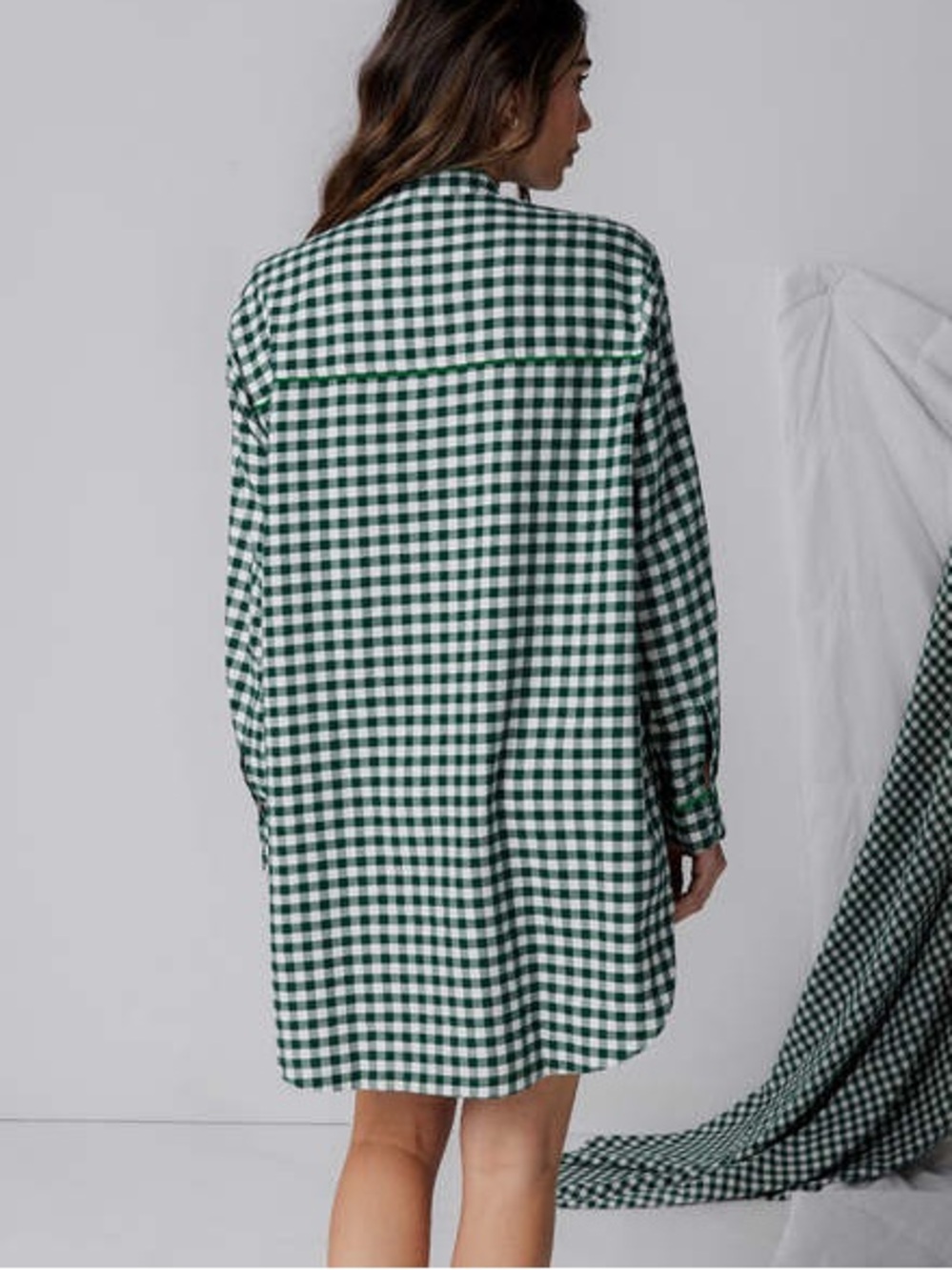 Lunya Brushed Flannel Button Up Shirt Dress Large Verdant Check Green Long Sleev - Picture 6 of 11